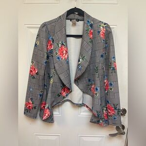 Chic Fashion Forward Floral Plaid Open-Front Blazer | Draped Waterfall Jacket